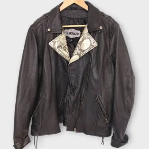 Derringer‎ Womens Biker Jacket Sz 2XL Black Leather Reptile Laceup Zip Coat Gorp - Picture 1 of 6